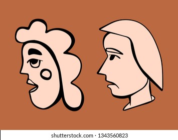 Cartoon style vector doodle illustration of two beige human face profiles. Great design elements for sticker, card, print or poster. Unique and fun drawing set isolated on brown background
