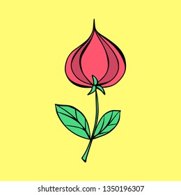 Cartoon style vector doodle illustration of pink flower. Great design elements for wedding invitation, sticker, card, print, poster. Drawing isolated on yellow background. Botany simple illustration