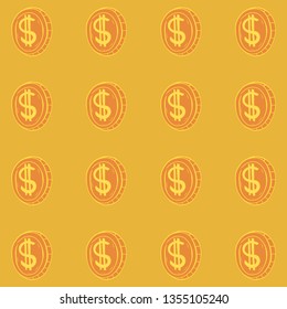 Cartoon style vector doodle illustration of orange dollar coin pattern. Great design for flyer, card, banner, poster. Drawing isolated on yellow background. Money, business, economy, cash, currency