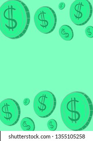 Cartoon style vector doodle illustration of green dollar coin frame. Great design for flyer, card, banner, poster. Drawing isolated on background. Money, business, economy, cash, currency