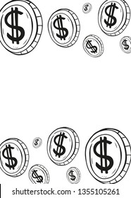 Cartoon style vector doodle illustration of black, white dollar coin frame. Great design for flyer, card, banner, poster. Drawing isolated on background. Money, business, economy, cash, currency
