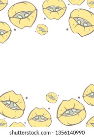 Cartoon style vector doodle illustration of yellow human lips pattern frame. Great design for invitations, cards, websites, banner, poster. Drawing isolated on white background. 