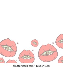 Cartoon style vector doodle illustration of pink human lips pattern frame. Great design for invitations, cards, websites, banner, poster. Drawing isolated on white background.  
