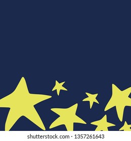 Cartoon style vector doodle illustration of yellow star shape pattern card. Great design for invitations, cards, websites, wrapping paper, textile. Drawing isolated on dark blue background. Sky, night