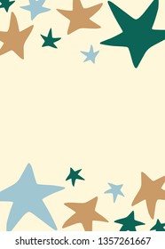 Cartoon style vector doodle illustration of colorful star shape pattern frame. Great design for invitations, cards, websites, wrapping paper, textile. Drawing isolated on light background. Sky, night