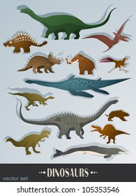 Cartoon style vector drawing of ancient animals and dinosaurs.