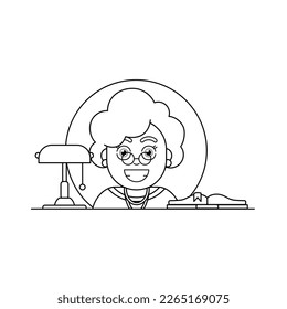 Dibujo vectorial de estilo de caricatura para niños a representación de color 
 una vieja bibliotecaria con anteojos y libros redondos y una lámpara de escritorio en inglés