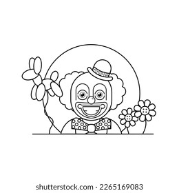 Cartoon style vector drawing for children to color representing a clown with a big red nose, a small gray hat, a bow tie and make-up as well as funny flowers and a red balloon in the shape of a dog