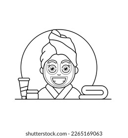 Dibujo vectorial de estilo caricaturista para niños a color representando a una joven zen en un albornoz rosa cuidándose a sí misma con cuidado de la piel y máscara de arcilla más una toalla y dos tubos de cremas
