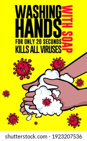 Cartoon style vector drawing poster Washing hands for 20 seconds kills all viruses with yellow or white background