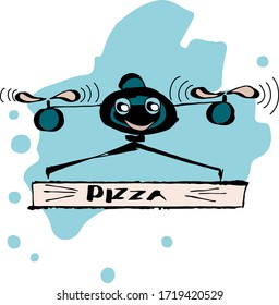 Cartoon Style Vector Drone With Smile. Pizza Delivery To A Customer From Online Food Service. Cute And Funny Helicopter With Two Propellers On Light Blue Blot