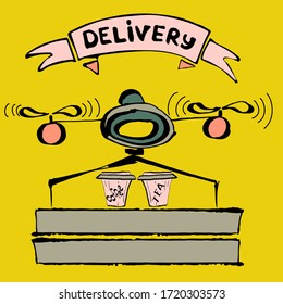 Cartoon Style Vector Drone. Two Boxes Of Pizza Or Other Food. Take Away Coffee And Tea Cup. Pink Delivery Lettering On Top. Cute And Funny Helicopter With Two Propellers On Yellow Background.