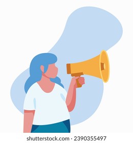 vector estilo caricatura, ilustración plana, diseño de caracter flay, mujer con un megáfono en la mano