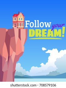 Cartoon style vector flying house or cottage in a cliff. Sea, sky, clouds. Loneliness. Dream, dreaming. Background. Cute illustration for kids.