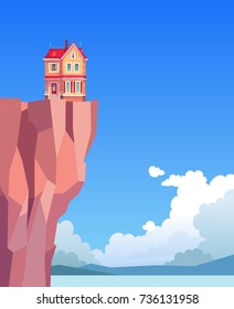 Cartoon style vector flying house or cottage in a cliff. Sea, sky, clouds. Loneliness. Dream, dreaming. Background. Cute illustration for kids.