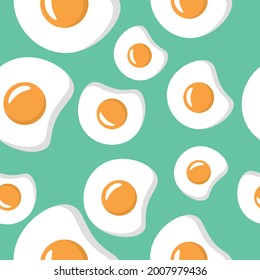 Estilo de dibujos animados vectores huevos fritos patrón sin fisuras. Patrón de huevos cocidos sin soldadura. Fondo del patrón vectorial de huevos. Fondo de color pastel de color verde menta y textura de huevo frito. 