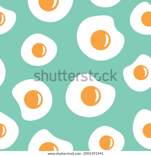 Cartoon style vector\
fried eggs seamless pattern. Mint green pastel color background and\
fried egg texture. Cooked eggs seamless pattern. Eggs vector\
pattern background.