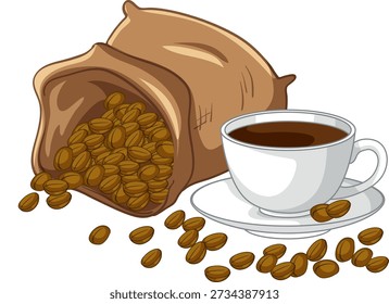 Gráfico vetorial de estilo de desenho animado de grãos de café torrados derramando de saco de serapilheira ao lado de xícara branca