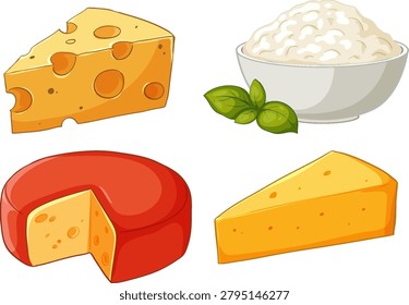 Cartoon style vector graphics of emmental, gouda, cheddar, and cottage cheese on white background