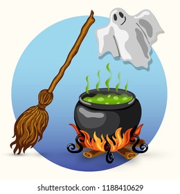 Cartoon style vector Halloween card design with ghost, broom, witch cauldron with boiling poison and bonfire 