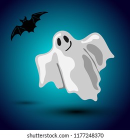 Cartoon style vector Halloween flyer design with ghost and bat flying on the midnight background 