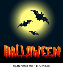 Cartoon style vector Halloween flyer design with flying bats and full moon over midnight background 