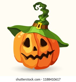 Cartoon style vector Halloween pumpkin wearing green witch hat. Scary face isolated on the white background.