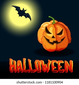 Cartoon style vector Halloween title and spooky face pumpkin over midnight background with full moon and bat