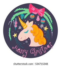 cartoon style vector hand drawn christmas illustration of unicorn. decorative element for children and adult coloring book, greeting, invitation card.