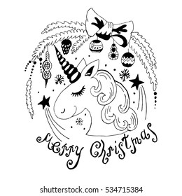 cartoon style vector hand drawn christmas illustration of unicorn on white background. decorative element for children and adult coloring book, greeting, invitation card, etc