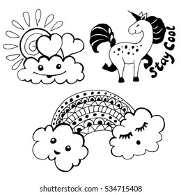cartoon style vector hand drawn  illustration of unicorn and funny clouds on white background with lettering. decorative element for children coloring book, greeting, invitation card,logo sticker etc