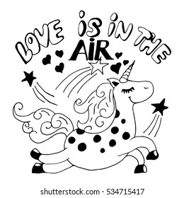 cartoon style vector hand drawn  illustration of unicorn on white background with lettering and hearts. decorative element for children and adult coloring book, greeting, invitation card, etc.
