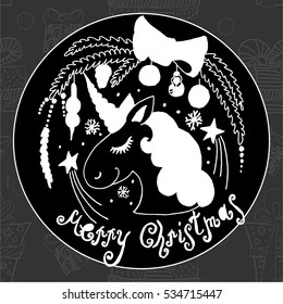 cartoon style vector hand drawn christmas illustration of unicorn on dark  background. decorative element for greeting, invitation card, poster.