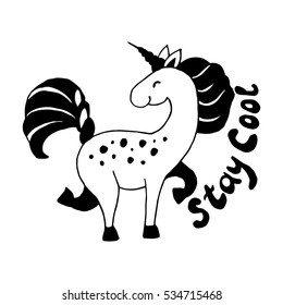 cartoon style vector hand drawn  illustration of unicorn on white background with lettering. decorative element for children and adult coloring book, greeting, invitation card,logo, sticker.
