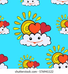 cartoon style vector hand drawn illustration funny clouds with sun and hearts on blue background.