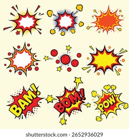 Efeitos de impacto de vetor de estilo de desenho animado com desenhos de soco, impacto, explosão e explosão de energia. Perfeito para quadrinhos, jogos e animações.