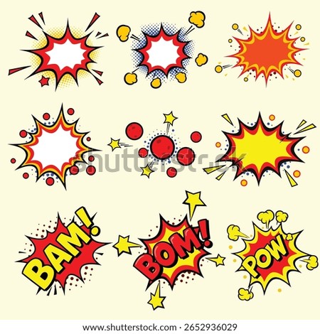 Cartoon style vector hit effects with comic-style punch, impact, explosion, and energy burst designs. Perfect for comics, games, and animations.