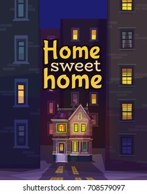 Cartoon style vector house or cottage with skyscrapers at night. Village, neighbourhood, town, city. Urbanization. Architecture. Background. Cute illustration for kids.