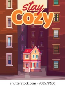 Cartoon style vector house or cottage with skyscrapers. Village, neighbourhood, town, city. Urbanization. Architecture. Background. Cute illustration for kids.