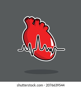 Cartoon Style vector Human Heart Sticker with Heartbeat line. Isolated Design Element.