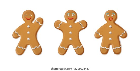 Cartoon style vector icon. Collection of gingerbread man cookie. Isolated. Happy new year and merry christmas decoration.