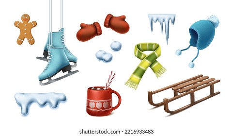 Cartoon style vector icon. Collection of winter icons, cacao, snow, sledge, scarf, hat, gloves, gingerbread man. Isolated on white background.