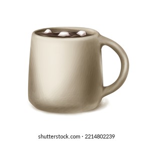 Cartoon style vector icon. Gray cup cacao, hot chocolate with mashmallows inside.