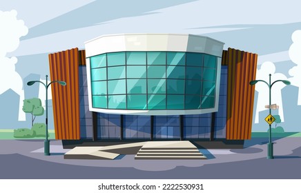 Cartoon style vector icon. Office building on a city site background.