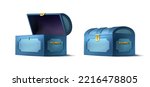 Cartoon style vector icon. Wooden treasure chest in blue color opened and closed. Isolated on white background.