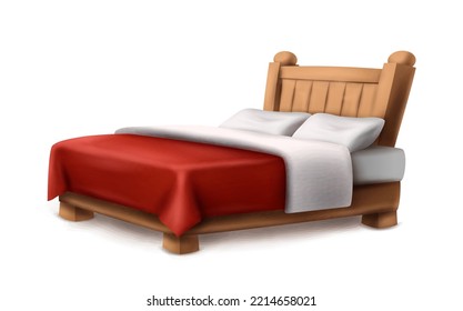 Cartoon style vector icon. Wooden double bed with red cover blanket and two pillows. Isolated on white background.