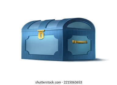 Cartoon style vector icon. Wooden treasure chest in blue color. Isolated on white background.