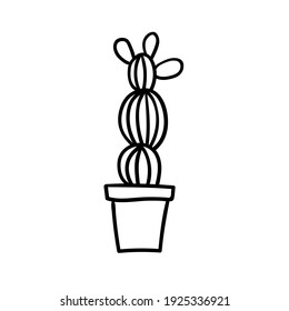 Ilustración vectorial con estilo de dibujos animados. Cactus ama de casa en olla floral. Elemento de libro de coloreado.