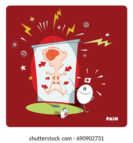Cartoon style vector illustration of animated pain-relief pill showing a child anatomy graph