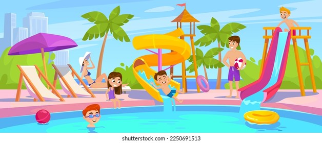 Cartoon style vector illustration of an aqua park with an outdoor swimming pool, water slides and happy children. Cute boys and girls enjoying a fun summer vacation with family in a waterpark.